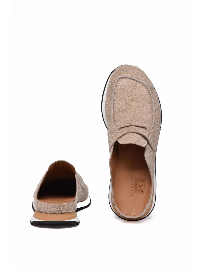 Off Play Beige Textured Strap Suede Mules