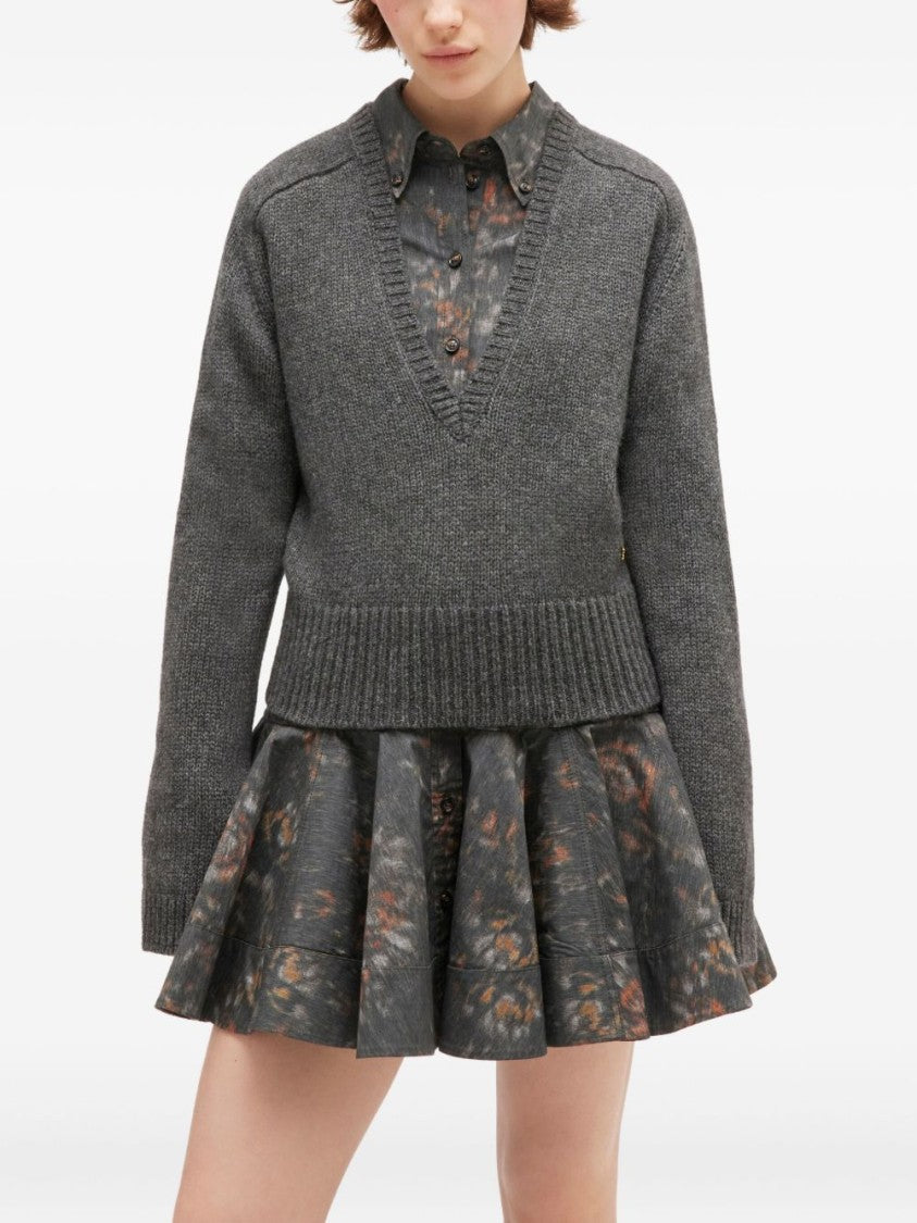 Ganni Deep V-Neck Cropped Knit Sweater In Warm Wool