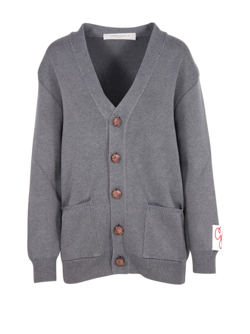 Golden Goose Ribbed V-Neck Cardigan With Bold Logo Detail