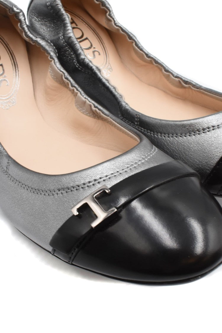 Tod's Dark Gray Elasticated Contrast Cap Toe Metallic Leather Flats