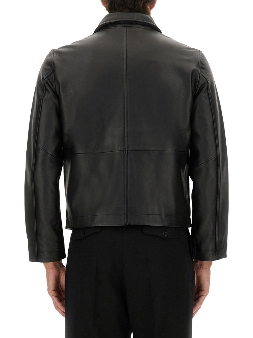 Sunflower Cropped Black Leather Jacket With Classic Collar