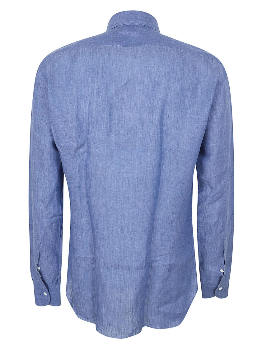 Barba Long Sleeve Blue Linen Shirt