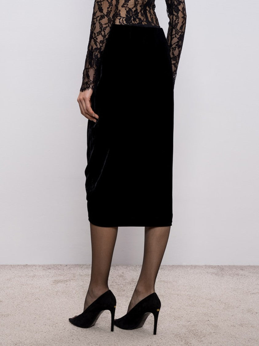 Valentino Black Fitted Gathered Front Midi Skirt