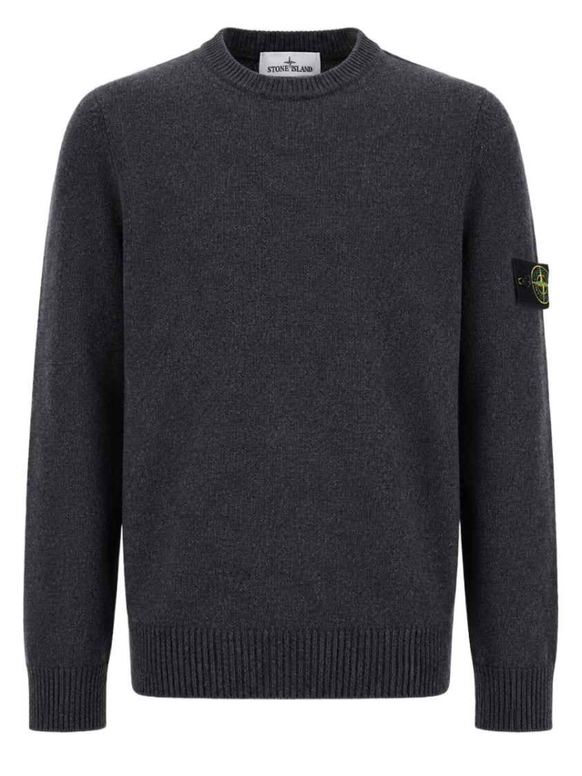 Stone Island Solid Grey Crew Neck Sweater With Ribbed Detailing