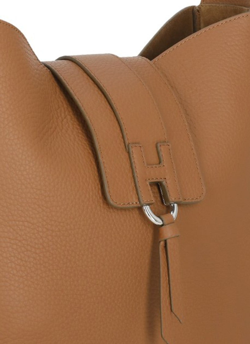 Hogan Structured Leather Hobo Bag With Embossed Logo And Tassel