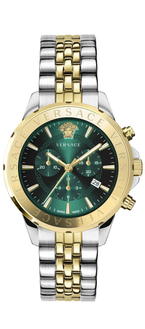 Versace Signature Chronograph Watch With Green Dial And Two-Tone Bracelet