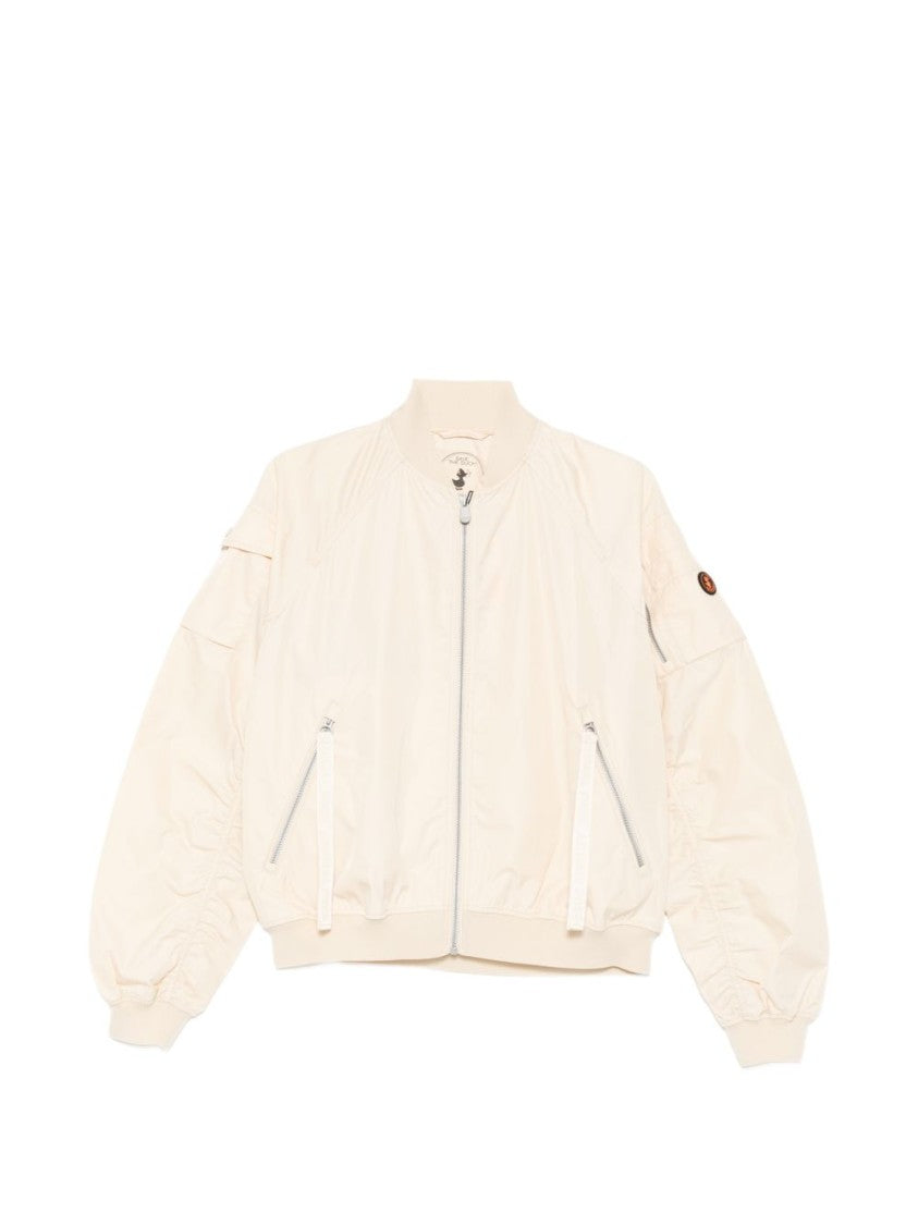 Save The Duck Cream Zip-Fastening Coat With Ribbed Detailing And Modern Silhouette
