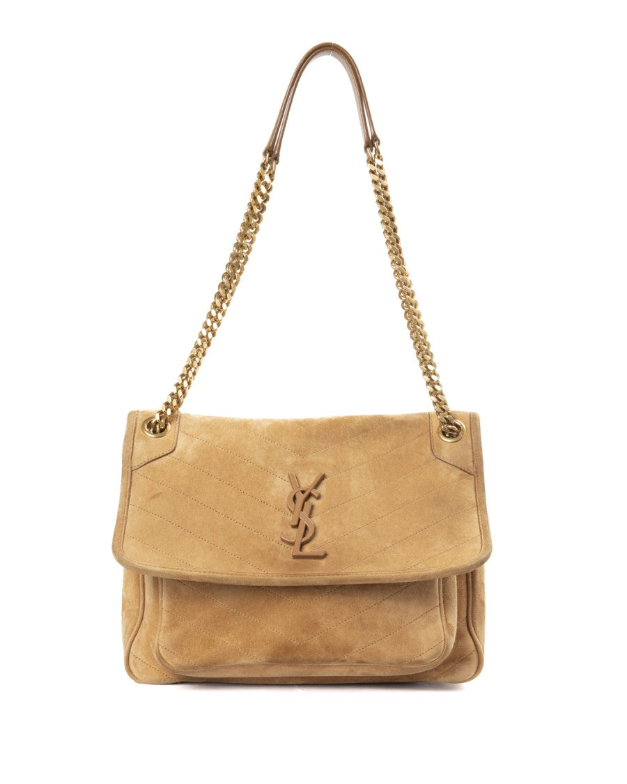 Saint Laurent Medium Camel Suede Shoulder Bag With Gold-Tone Hardware