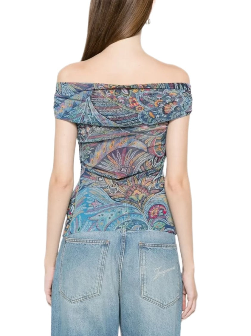 Etro Blue Paisley Off Shoulder Top