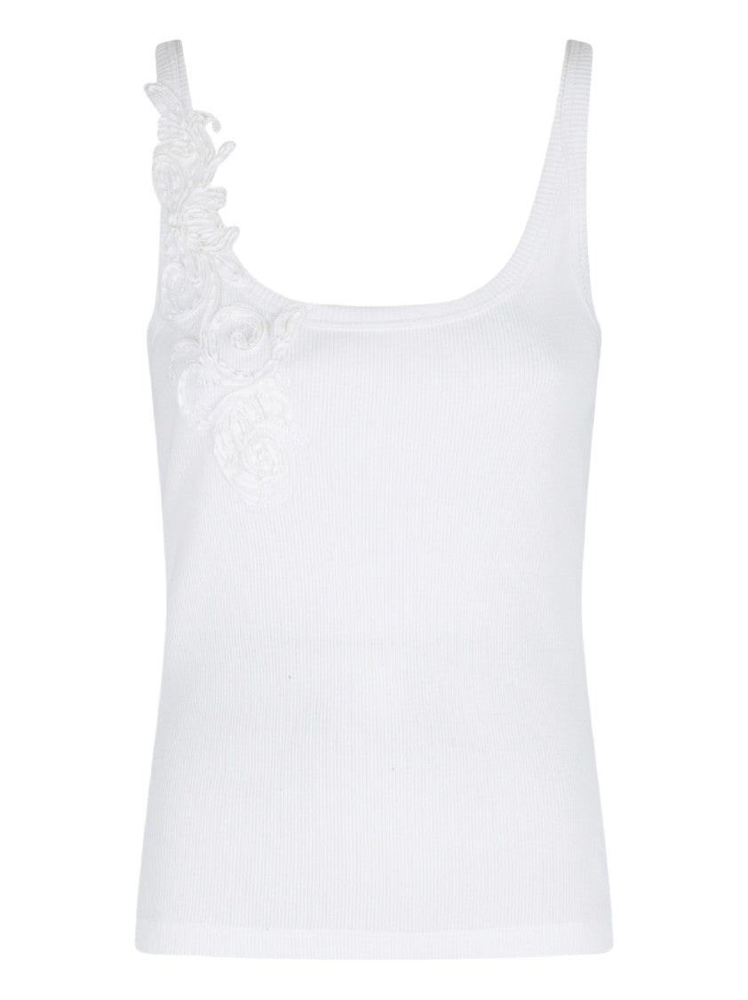 Ermanno Firenze Scoop Neck White Ribbed Tank Top With Floral Appliqué