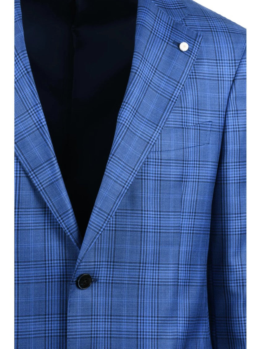 Luigi Bianchi Checkered Blue Virgin Wool Blazer With Notch Lapels
