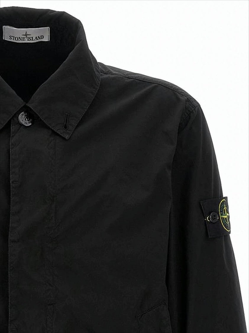 Stone Island Black Casual Jacket With Classic Collar And Distinctive Patch