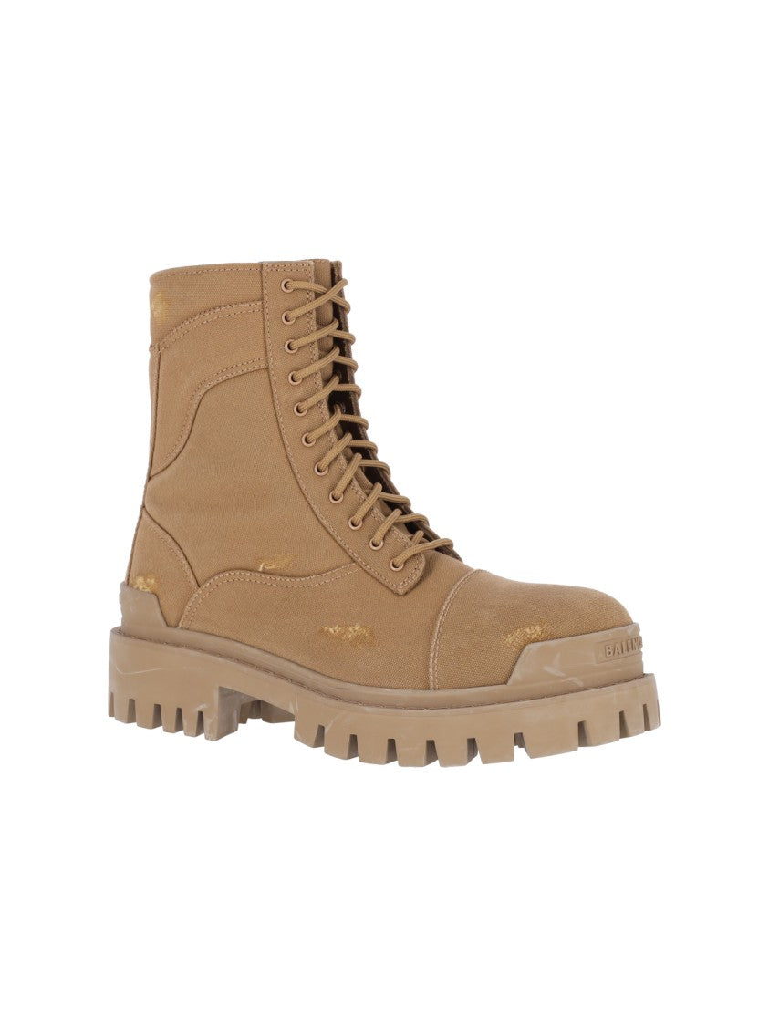 Balenciaga Distressed Cotton Combat Boots With Round Toe