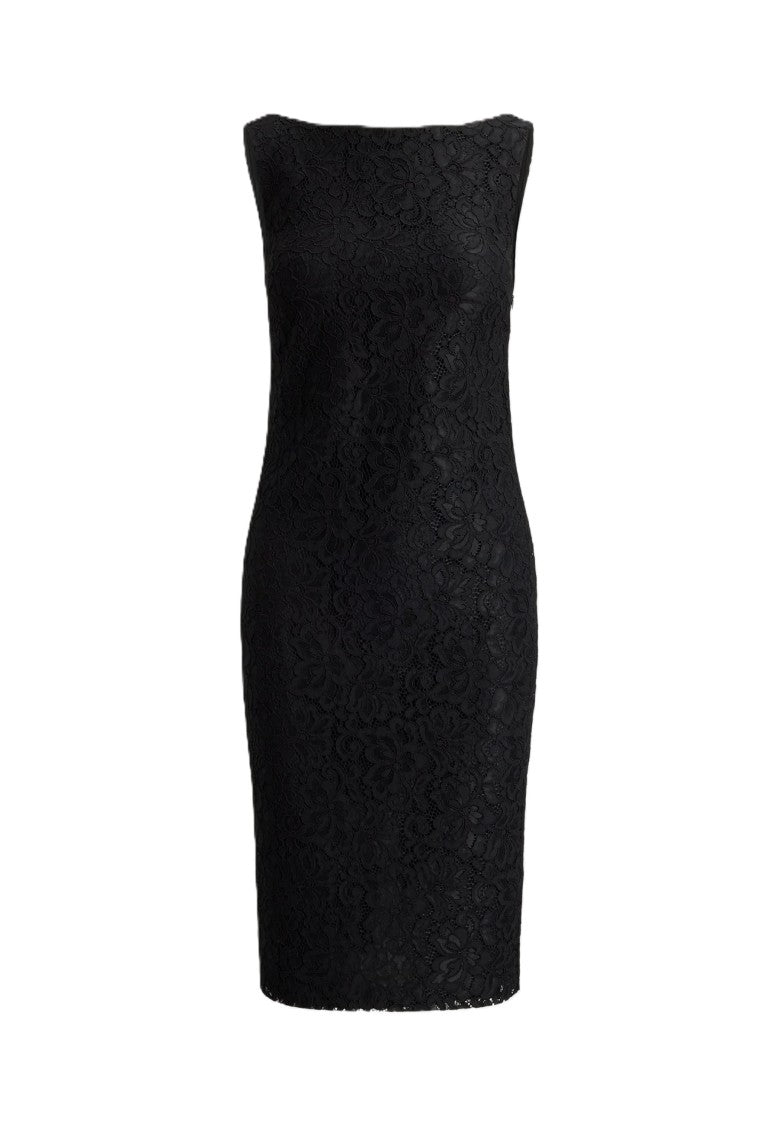 Lauren Ralph Lauren Fitted Black Floral Lace V-Back Midi Dress