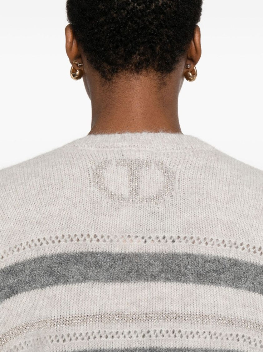 Twin-Set Horizontal Striped Knit Sweater With V-Neckline