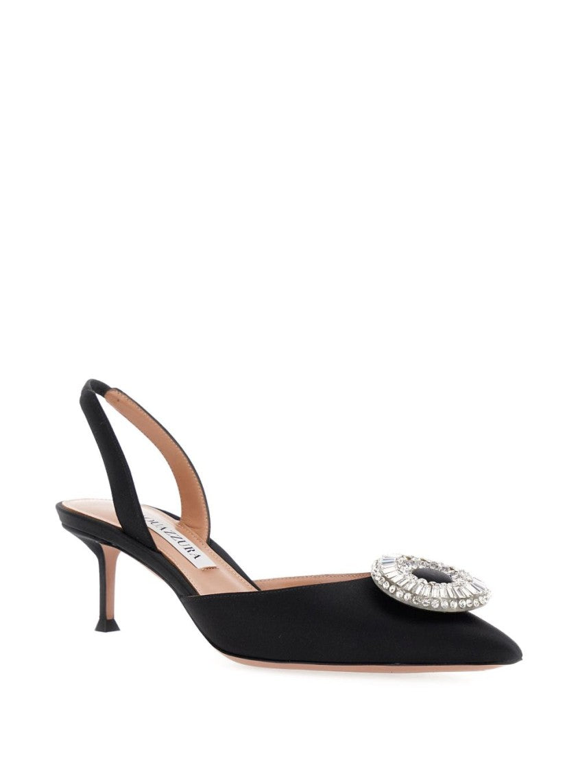 Aquazzura Black Crystal Embellished Slingback Kitten Heels