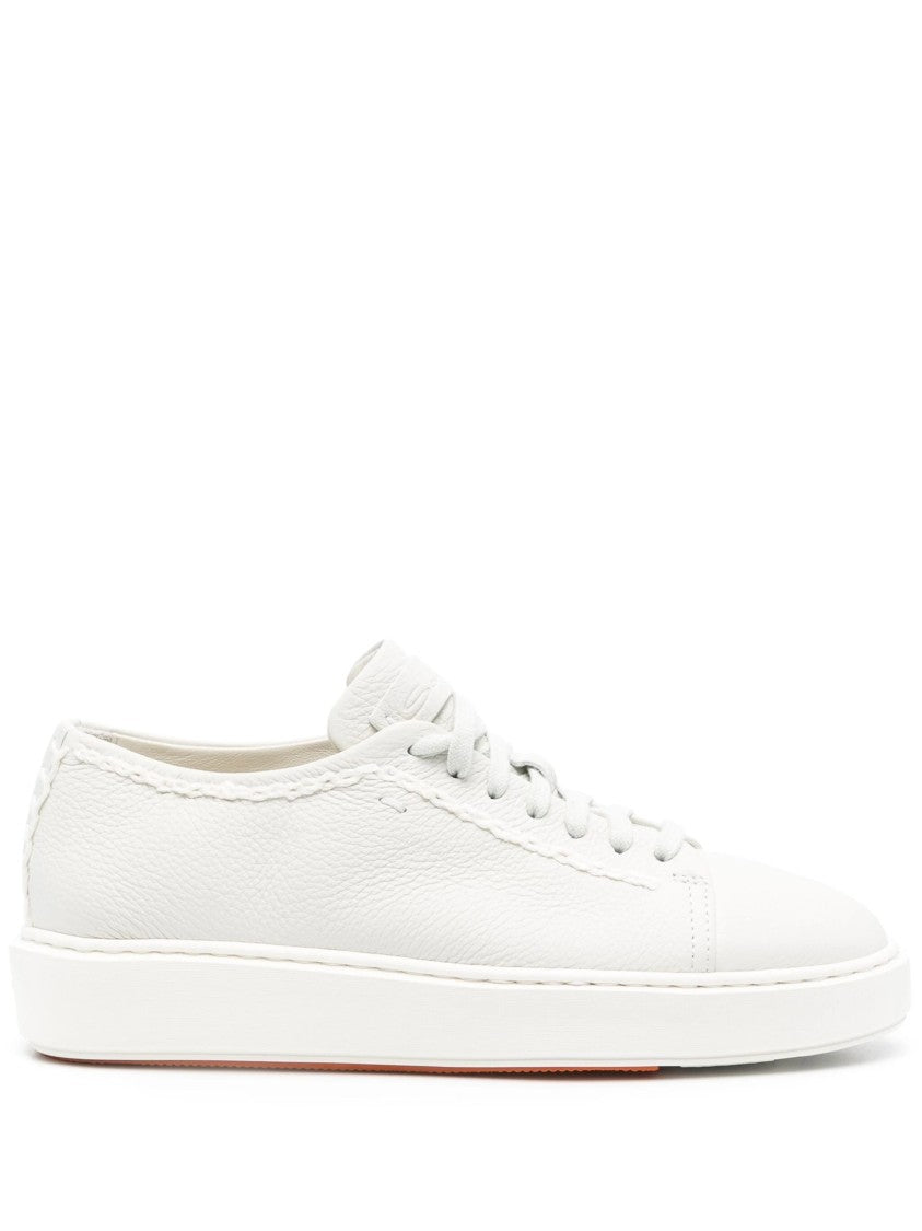 Santoni White Cow Leather Trainers With Textured Upper