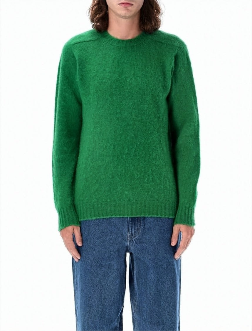 Howlin Solid Green Wool Sweater With Classic Crew Neckline