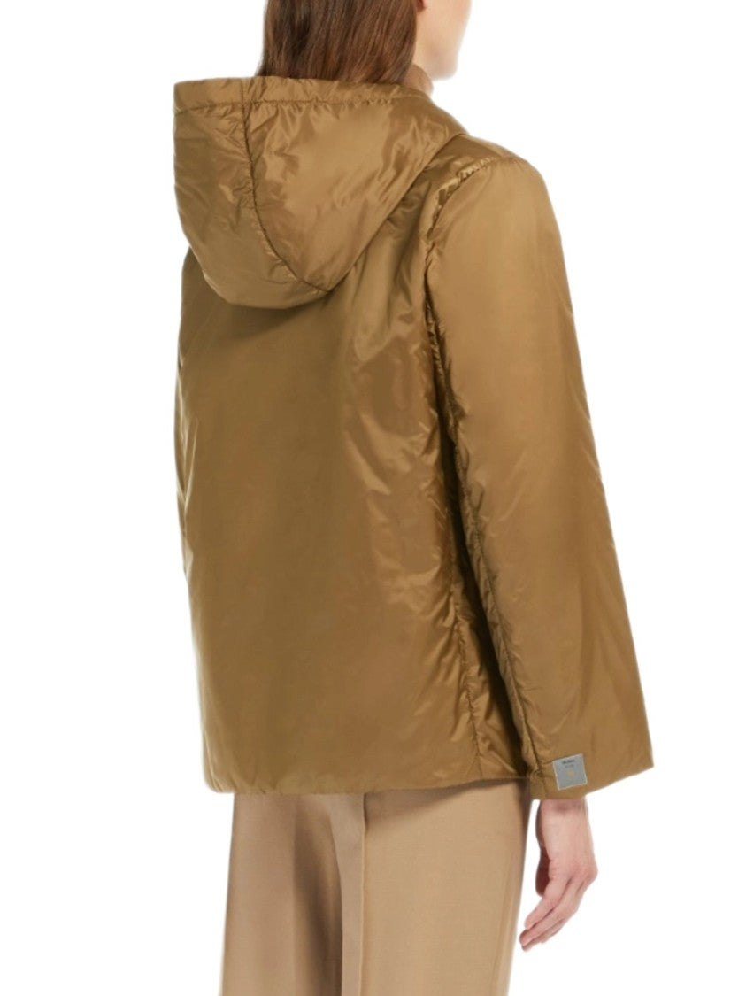 Max Mara Short Brown Hooded Coat With Minimalist Design And Metallic Accents