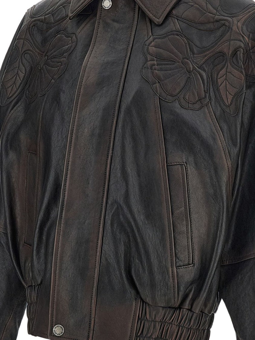 Golden Goose Brown Floral Embroidery Leather Leather Jacket