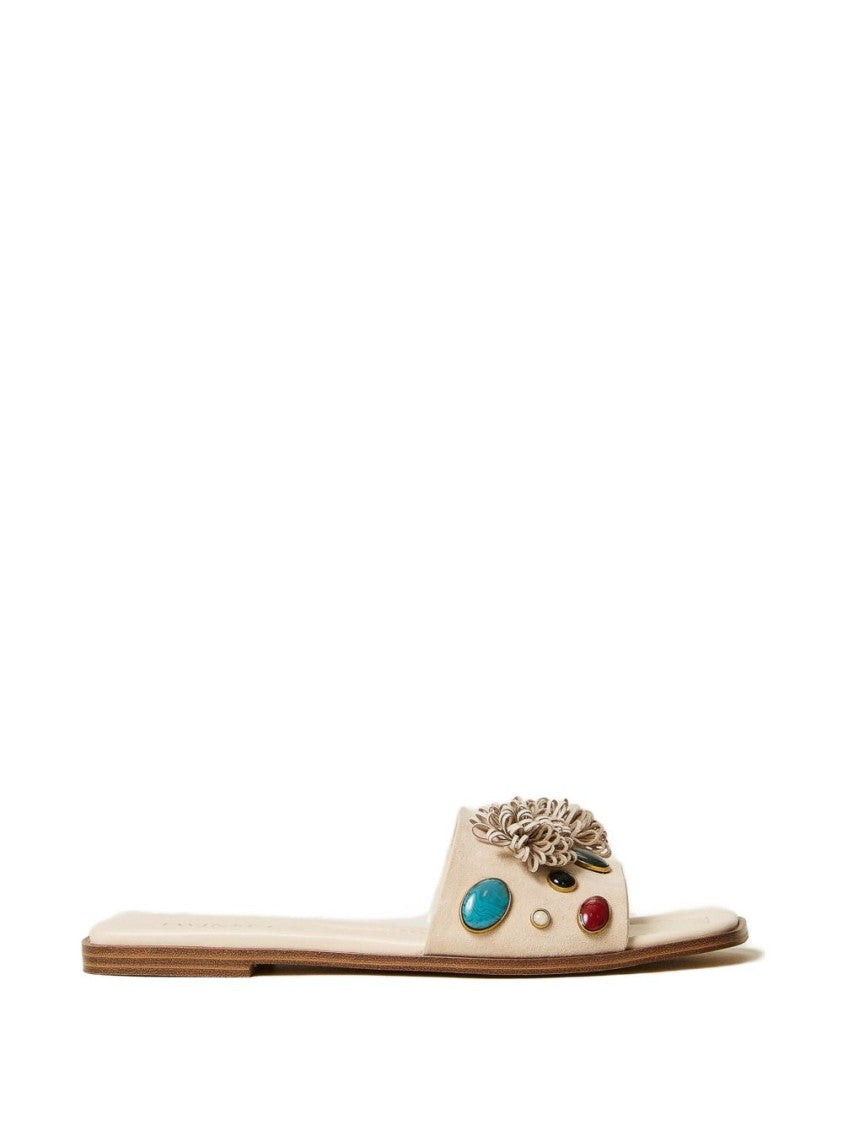 Twin-Set Beige Floral Appliqué Sandals With Stone Embellishments