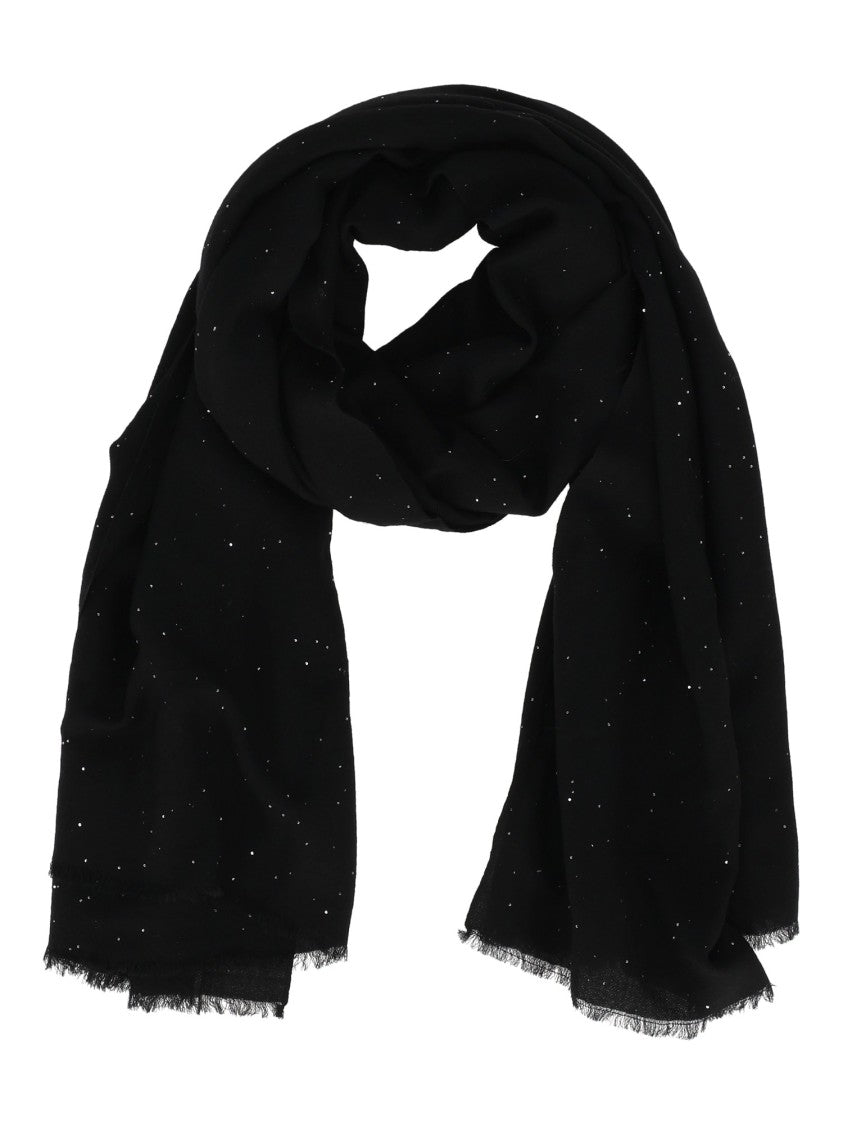 Faliero Sarti Rectangular Black Scarf With Shiny Specks And Fringe Finish