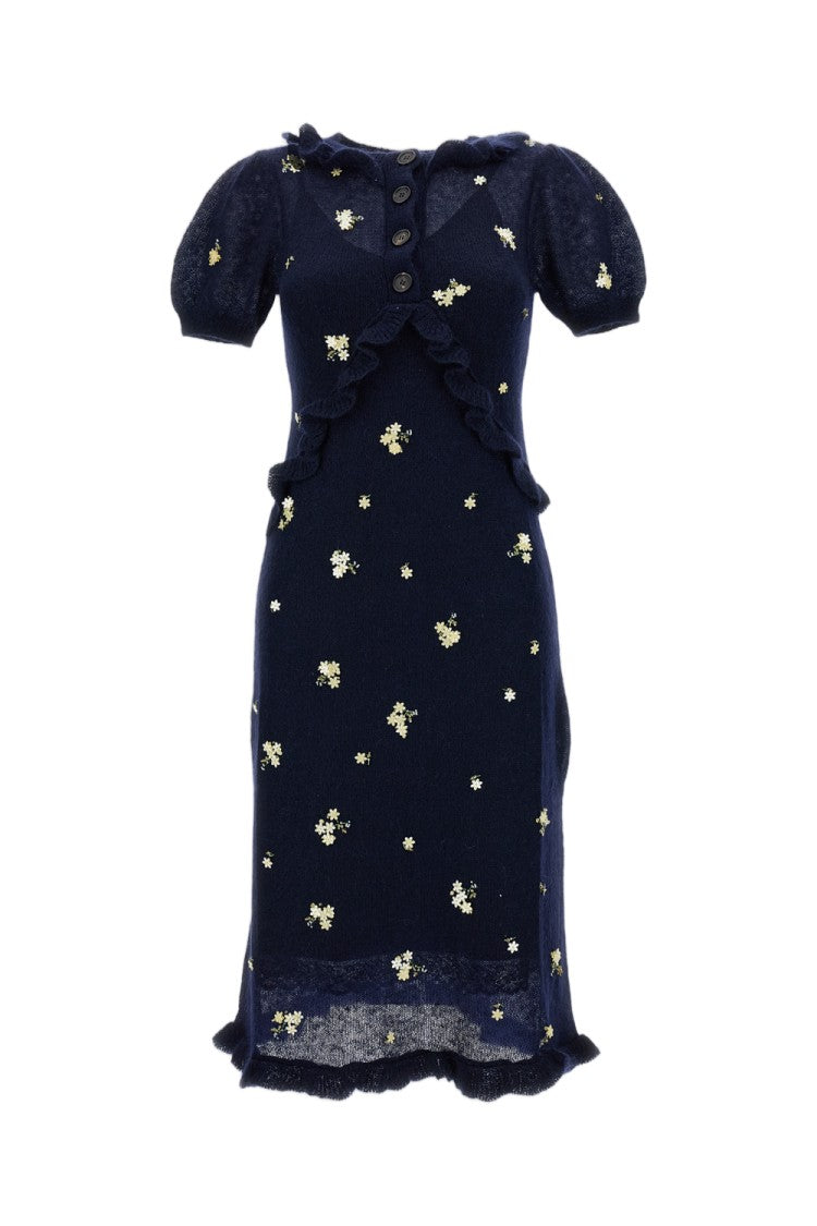 Shushu/Tong Floral Beaded Wool-Blend Lace Trim Pleated Midi Dress