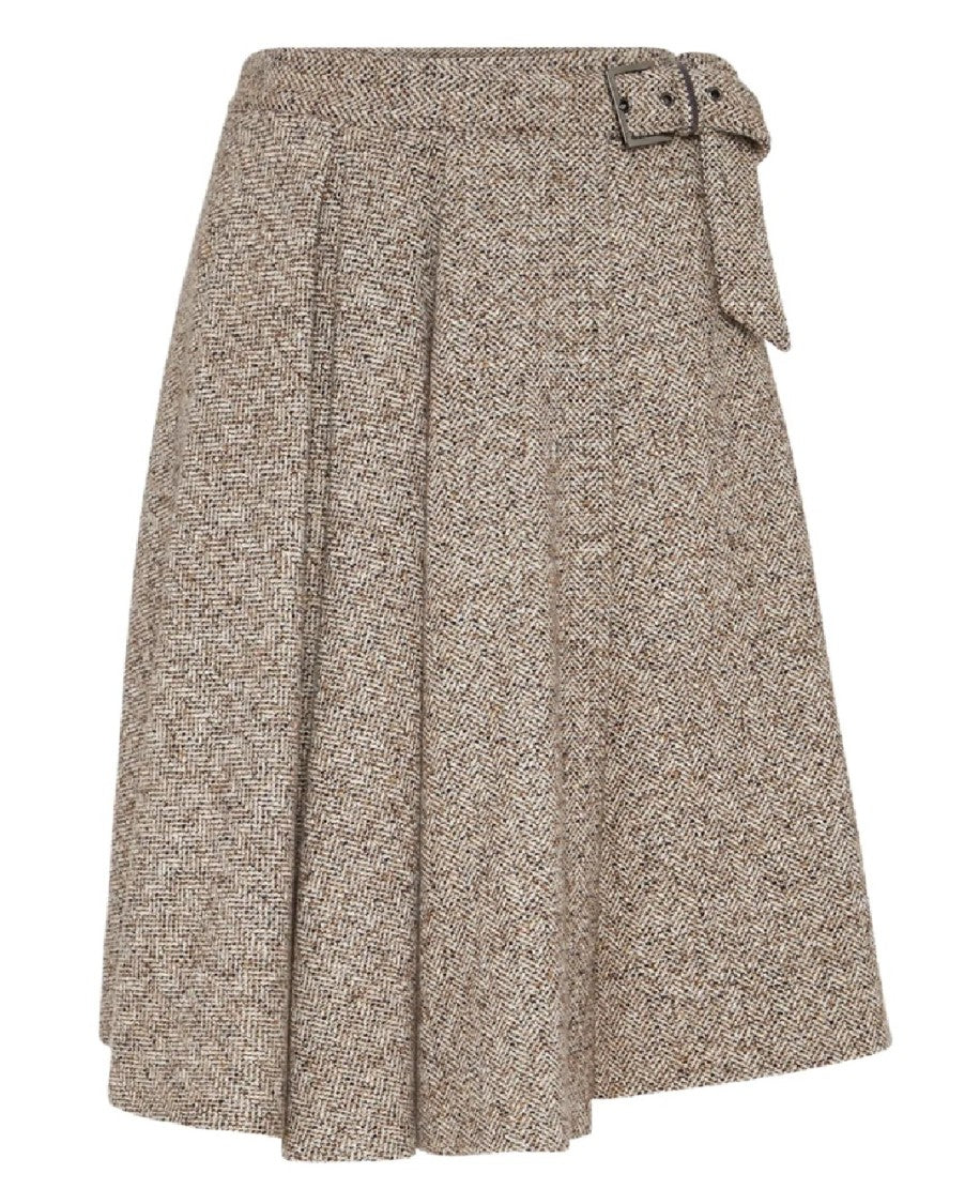 Brunello Cucinelli Knee-Length Herringbone Skirt With Tailored Belt