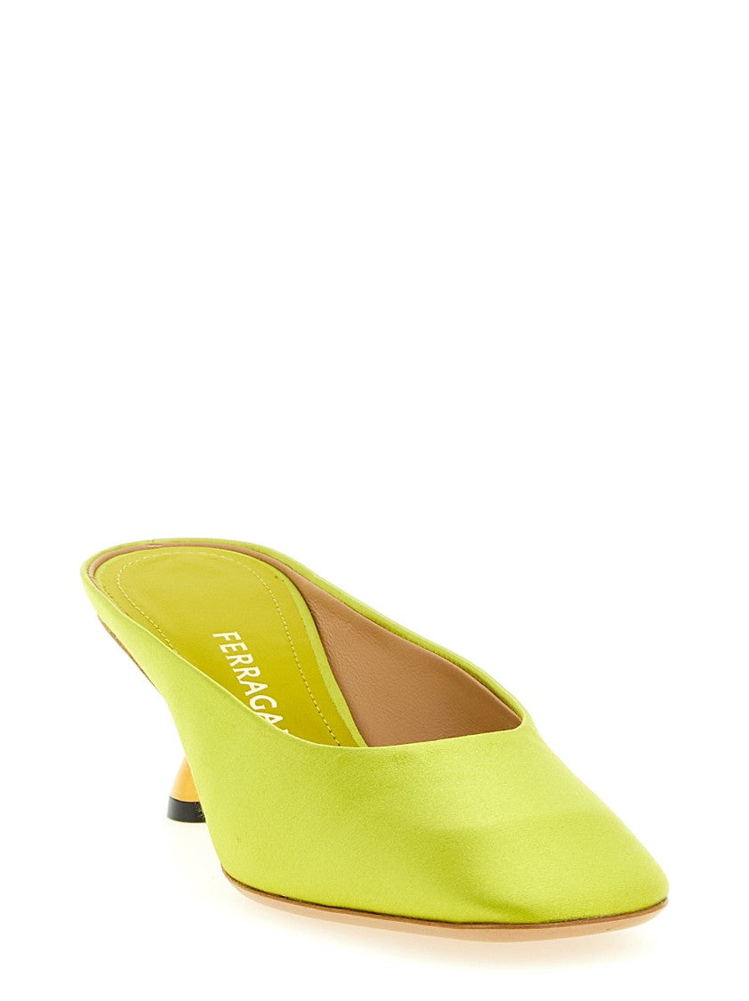 Ferragamo Satin Mules With Sculptural Golden Heel