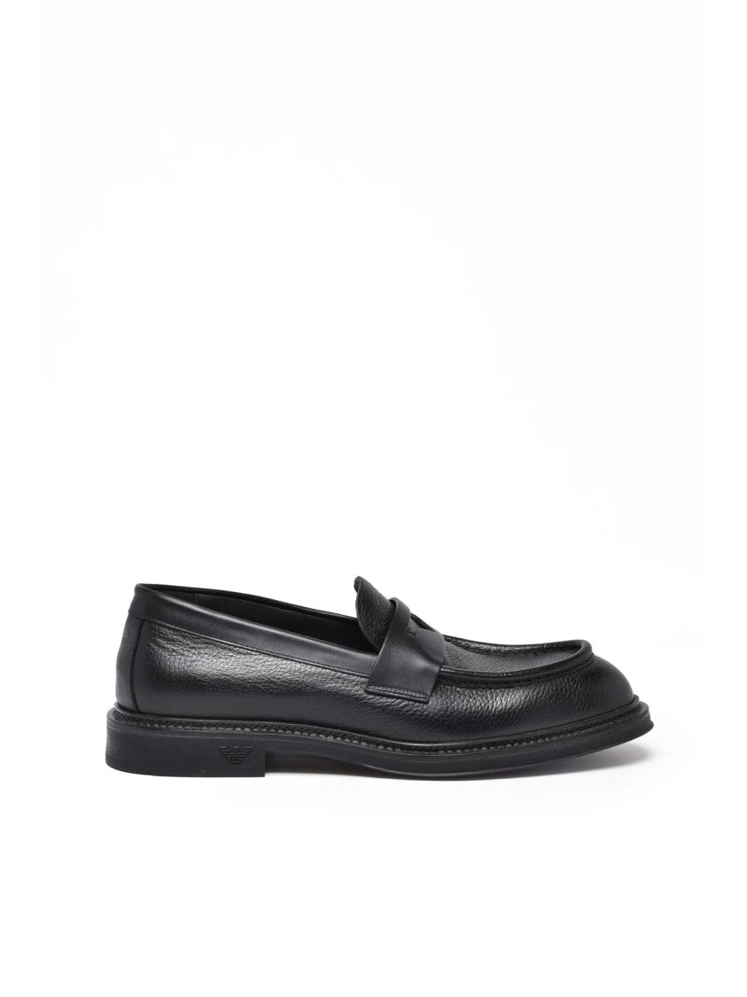 Emporio Armani Black Hammered Leather Penny Loafers