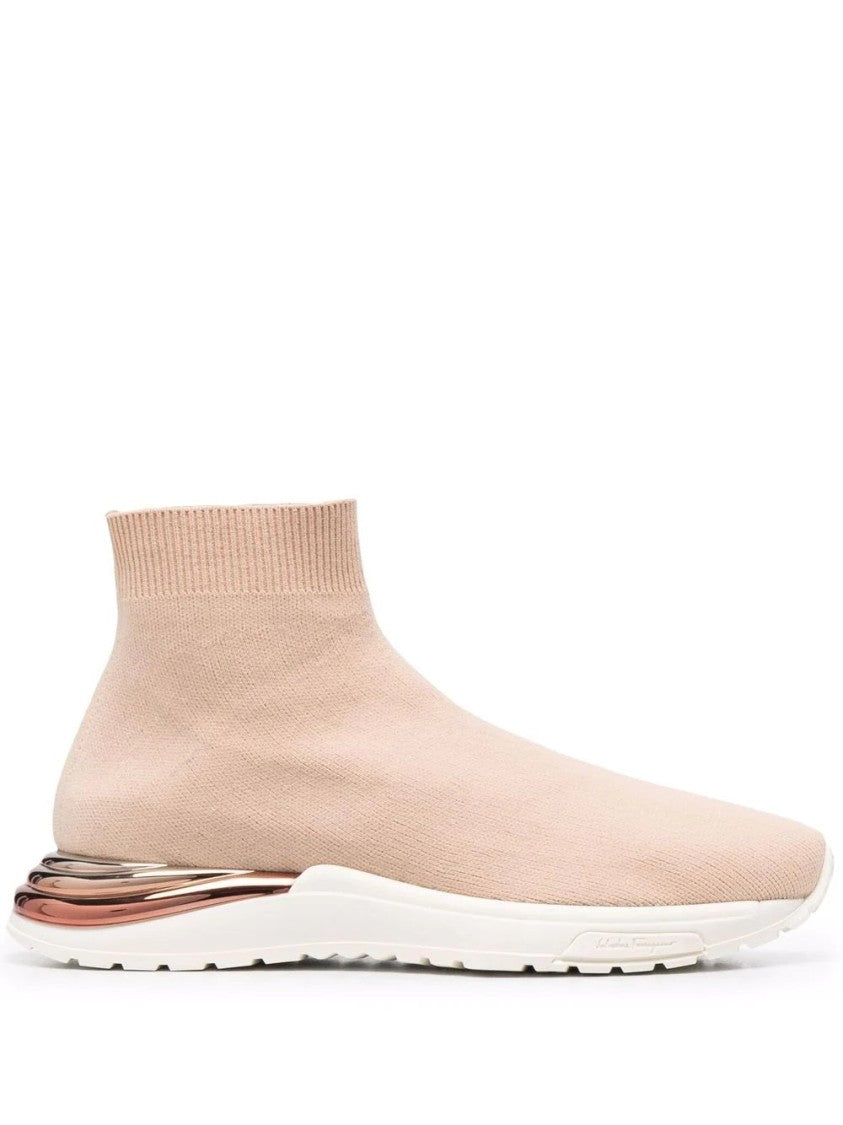 Salvatore Ferragamo Sock-Fit Beige Sneakers With Metallic Rose Gold Accents