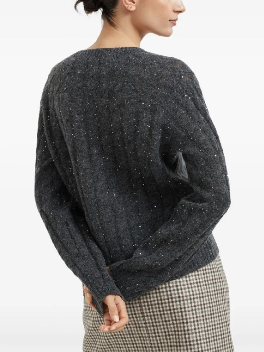 Brunello Cucinelli Textured Ribbed V-Neck Sweater With Sparkling Details