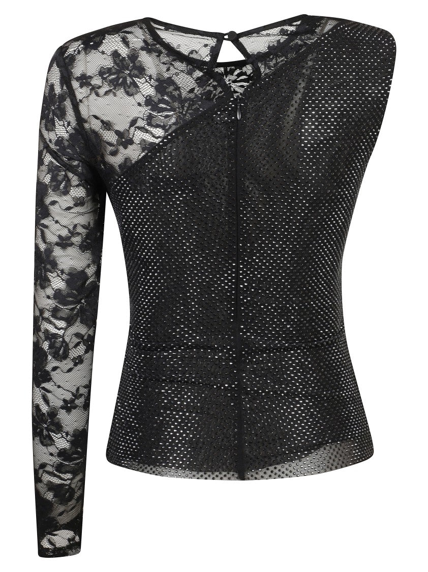 Self-Portrait Asymmetrical Black Top With Lace And Fitted Fabric