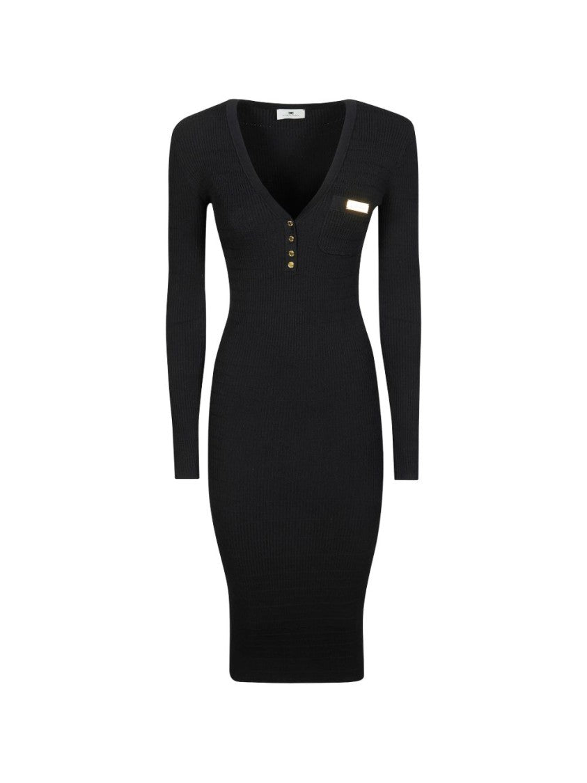 Elisabetta Franchi Fitted Black Ribbed Midi Dress