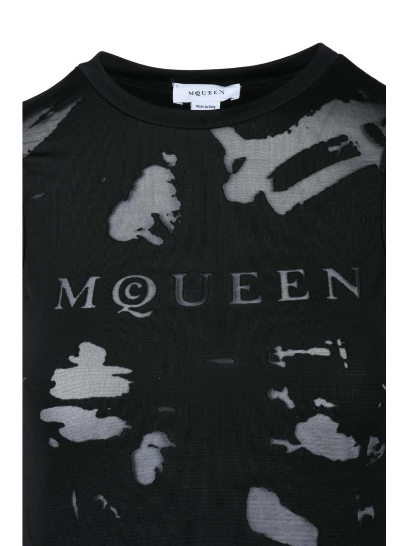 Alexander Mcqueen Sleeveless Fitted Top With Abstract Semi-Sheer Pattern