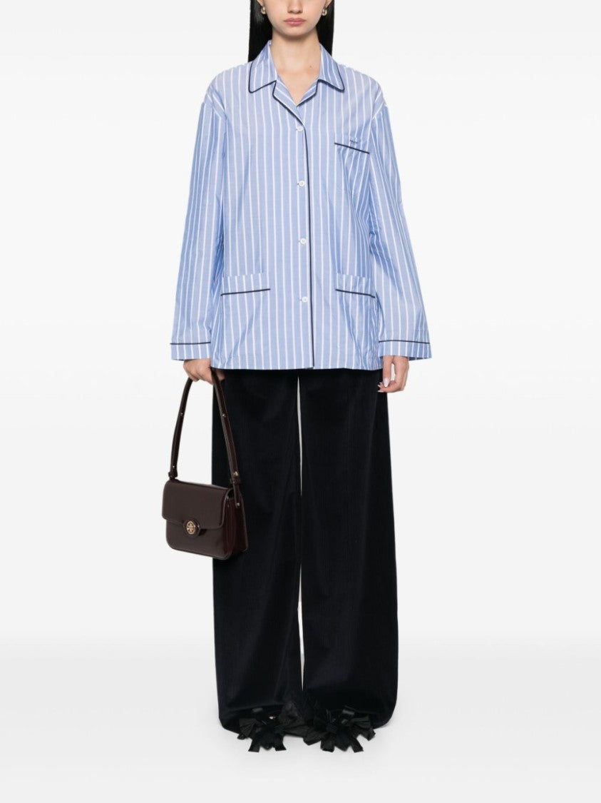 Prada Vertical Striped Poplin Shirt With Notched Collar And Embroidered Logo
