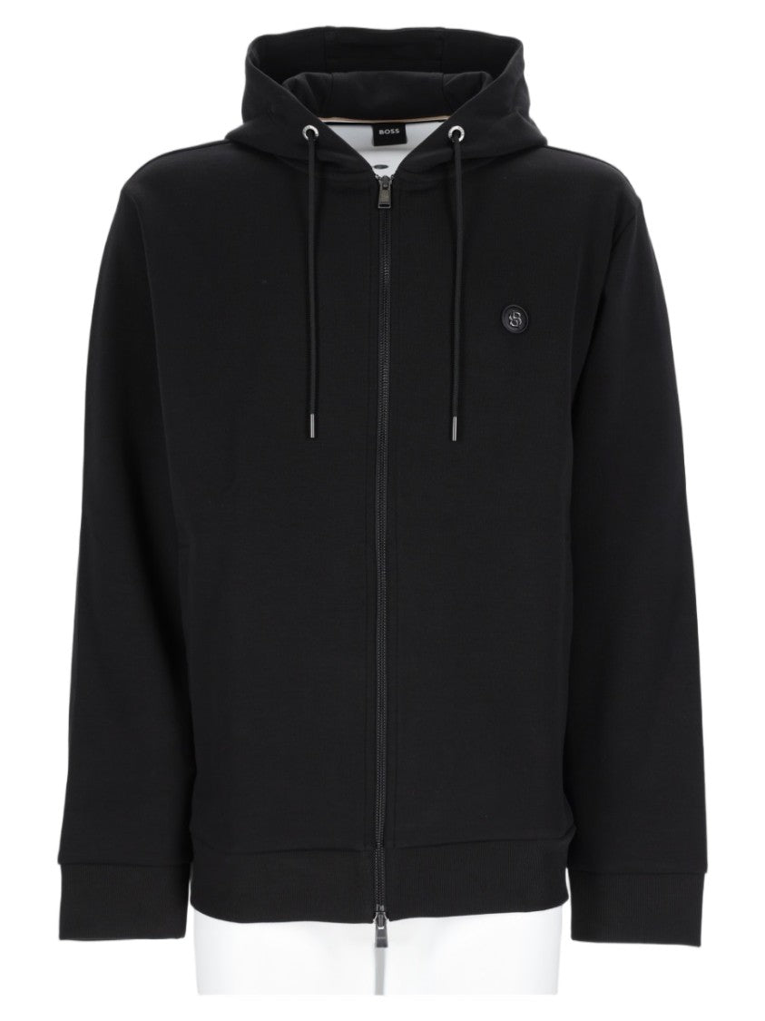 Boss Black Zip-Up Cotton-Blend Hoodie