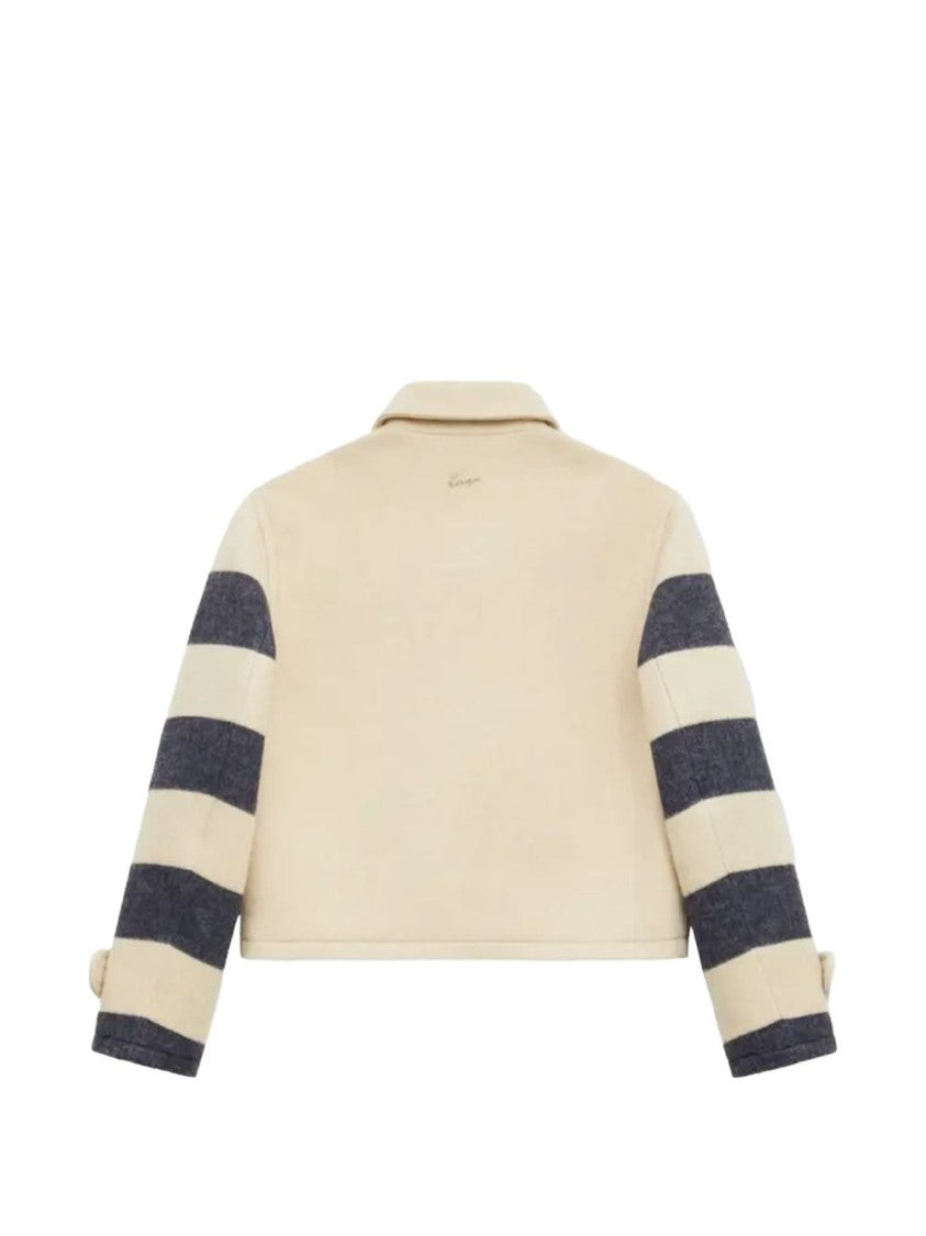 Kenzo Cropped Beige Jacket With Striped Sleeves And Classic Collar