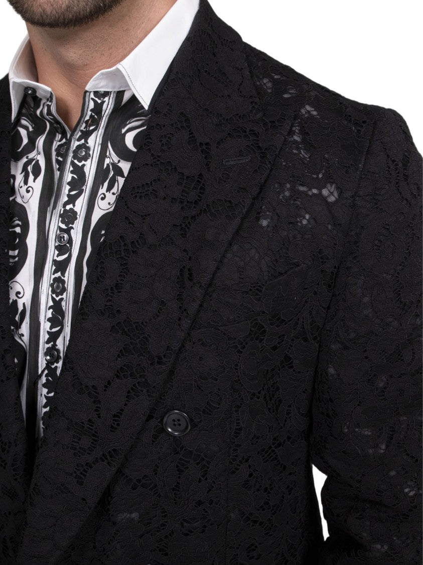 Dolce & Gabbana Black Lace Overlay Double-Breasted Tailored Jacket