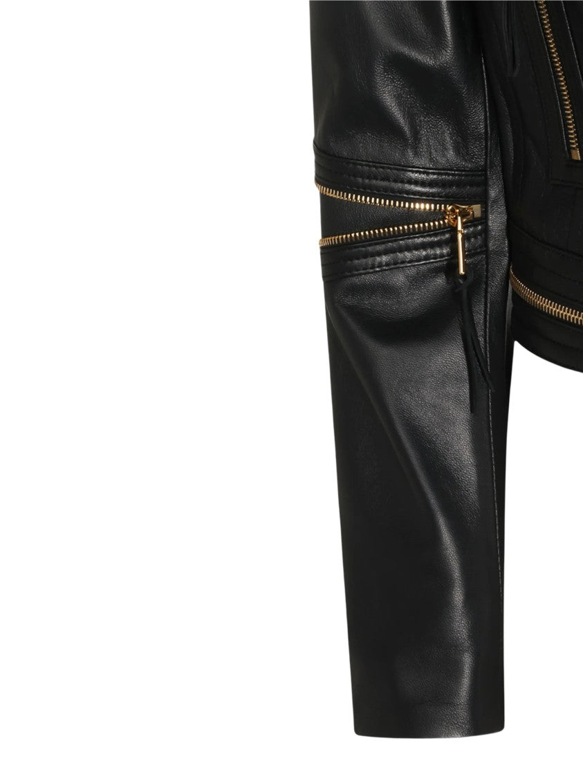 Elisabetta Franchi Cropped Leather Jacket With Asymmetrical Closure And Gold-Tone Hardware