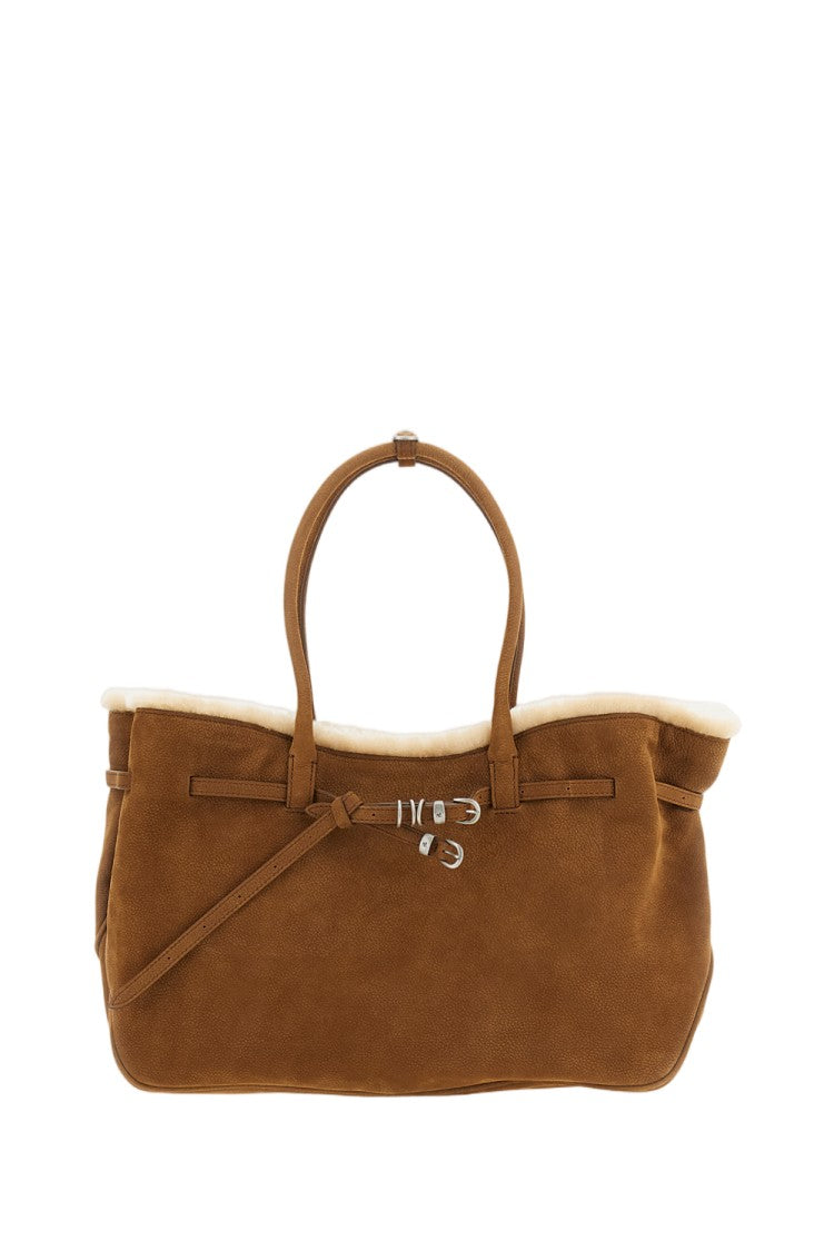 Margesherwood Oversized Leather Shoulder Bag With Shearling Trim And Adjustable Strap