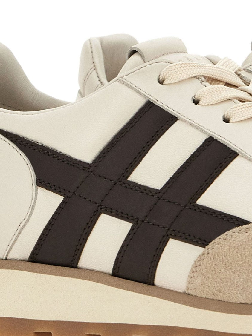 Hogan Beige Vitello Leather Sneakers With Contrasting Accents