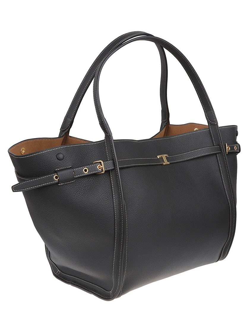 Tod's Structured Black Calfskin Shopping Bag With Iconic T Accessory