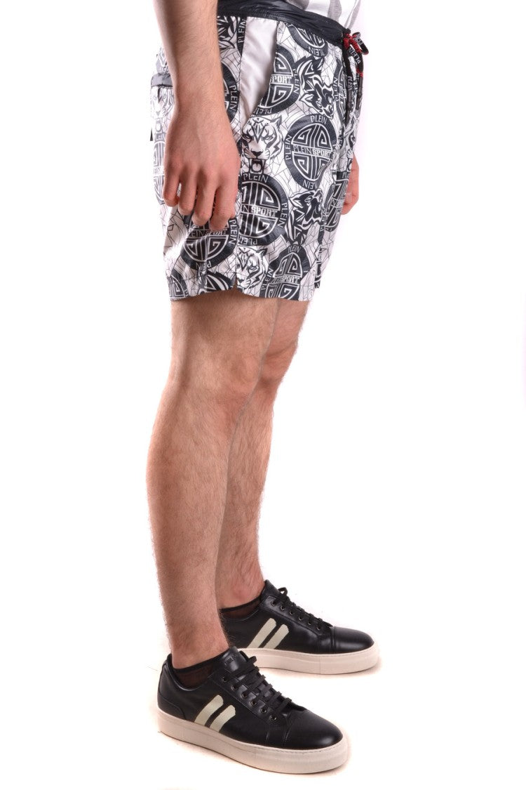 Plein Sport White Graphic Print Polyester Beach Shorts