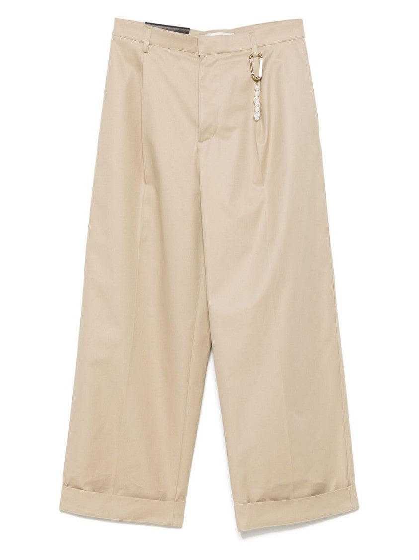 Darkpark Beige Relaxed Wide-Leg Trousers With Pearl Accents