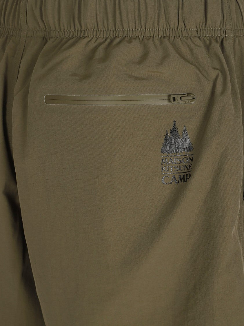 Maison Kitsuné Olive Green Minimalist Shorts With Adjustable Waistband And Zippered Pocket