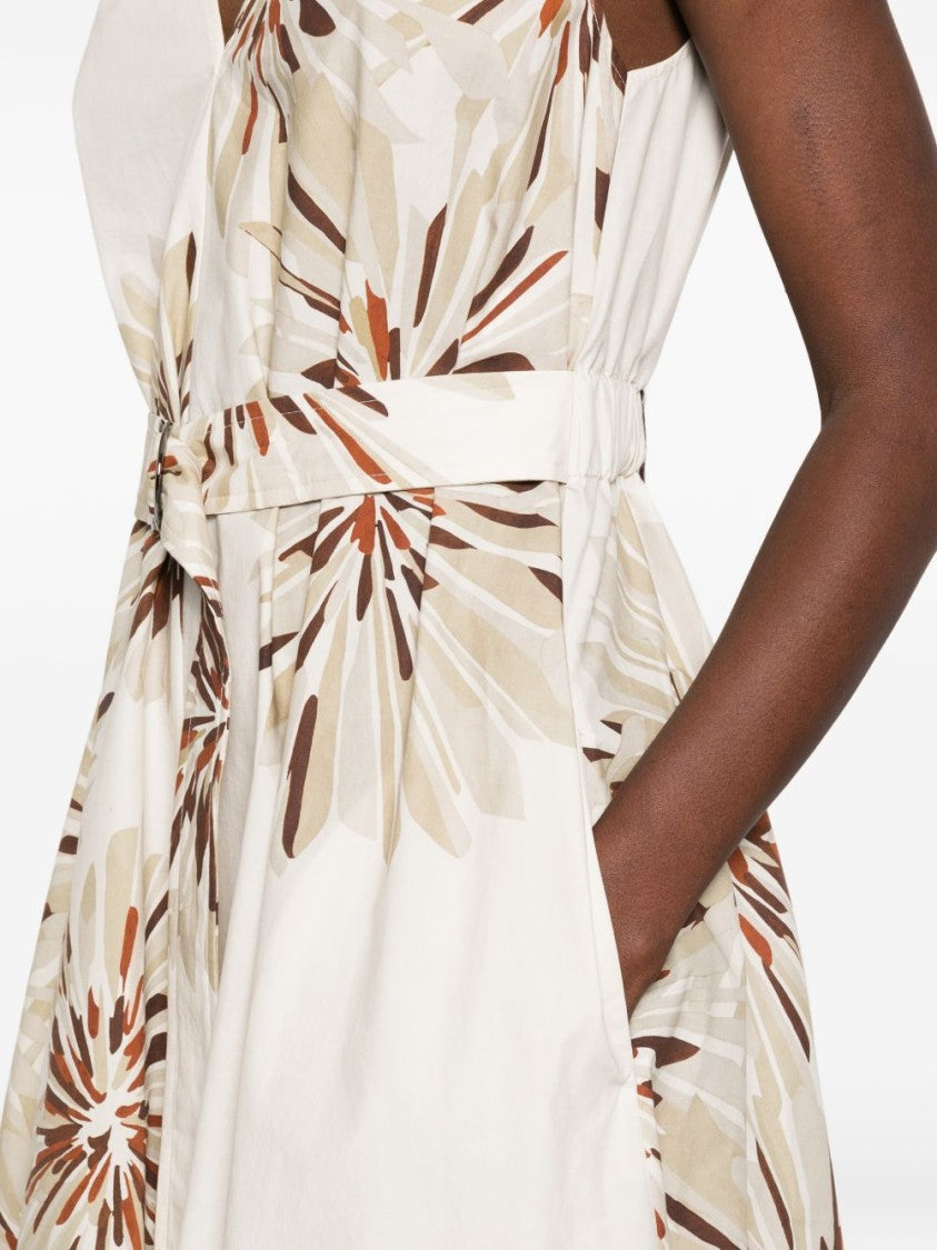 Brunello Cucinelli White Brown Floral Print Cotton Midi Dress
