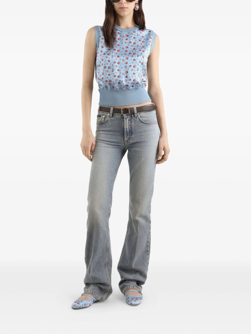Dolce & Gabbana Light Blue Floral Print Silk Top