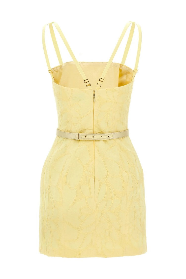 Elisabetta Franchi Yellow Floral Embossing Fitted Mini Dress