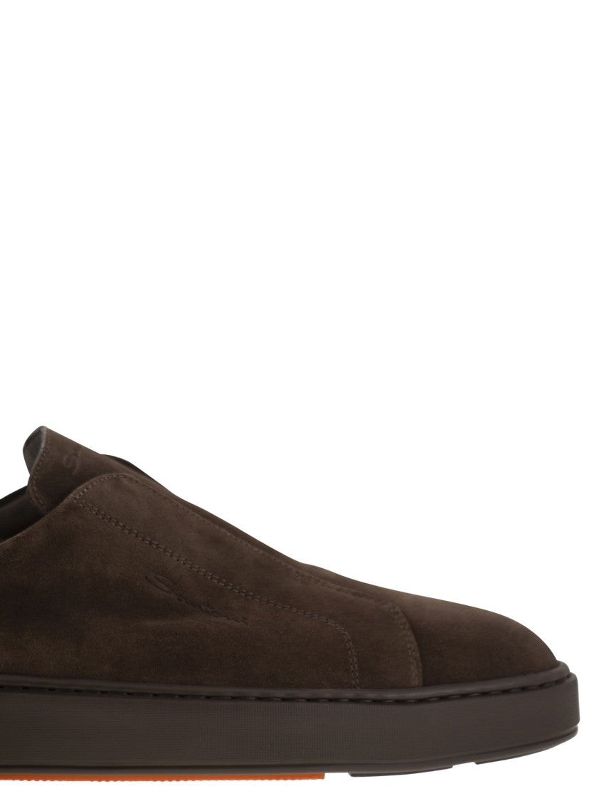 Santoni Suede Slip-On Trainer With Double Buckle Decoration